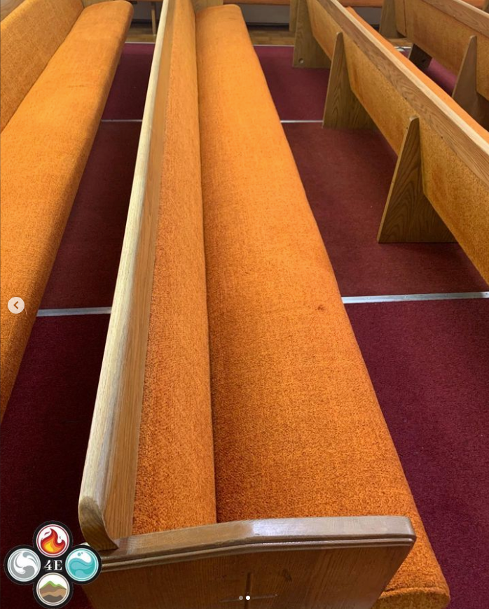 A church pew after upholstery cleaning