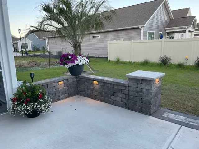 Back patio with stone wall planters, potted flowers, and a palm tree in a suburban yard