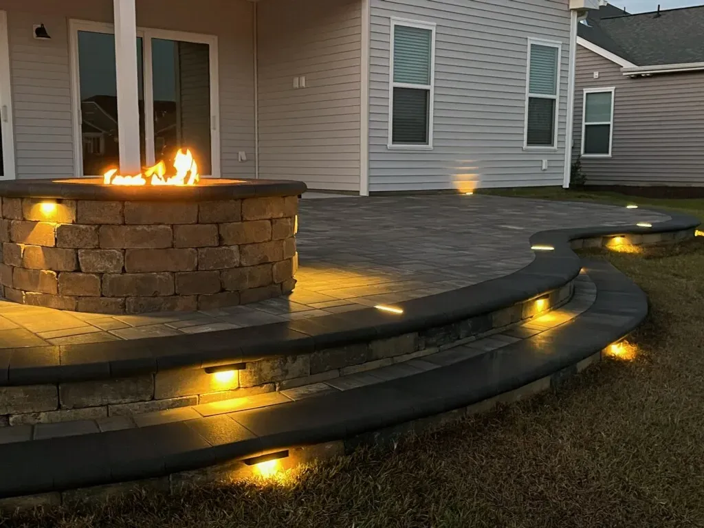 Backyard patio with stone fire pit and glowing step lights beside a house
