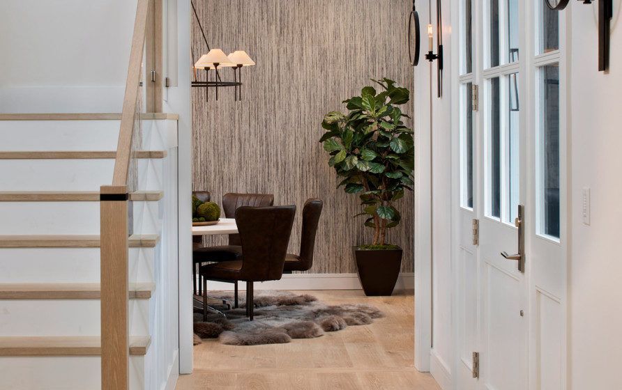 Modern hallway with white doors leading to a dining area, plant, and rug on wood floors