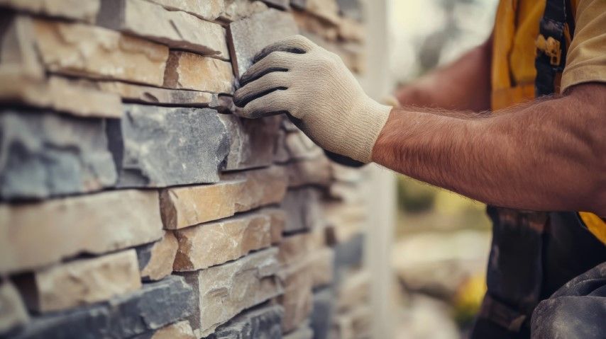 Gloved worker installing stacked stone veneer on a wall outdoors