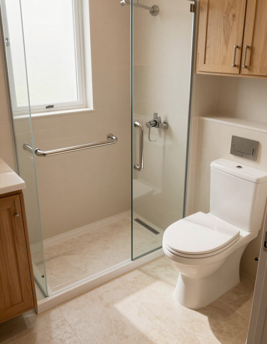 Bagno moderno accessibile con doccia a filo pavimento e maniglioni di sicurezza