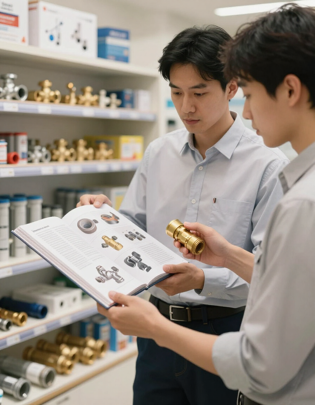 Consulente che mostra un catalogo idraulico a un cliente in showroom