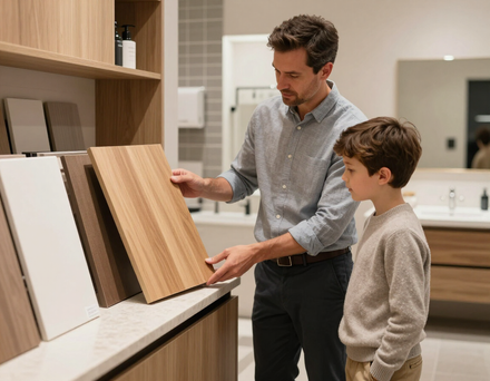Padre e figlio osservano un campione di finitura per mobile bagno