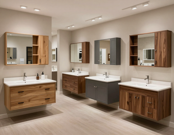 Showroom con più modelli di mobili bagno esposti