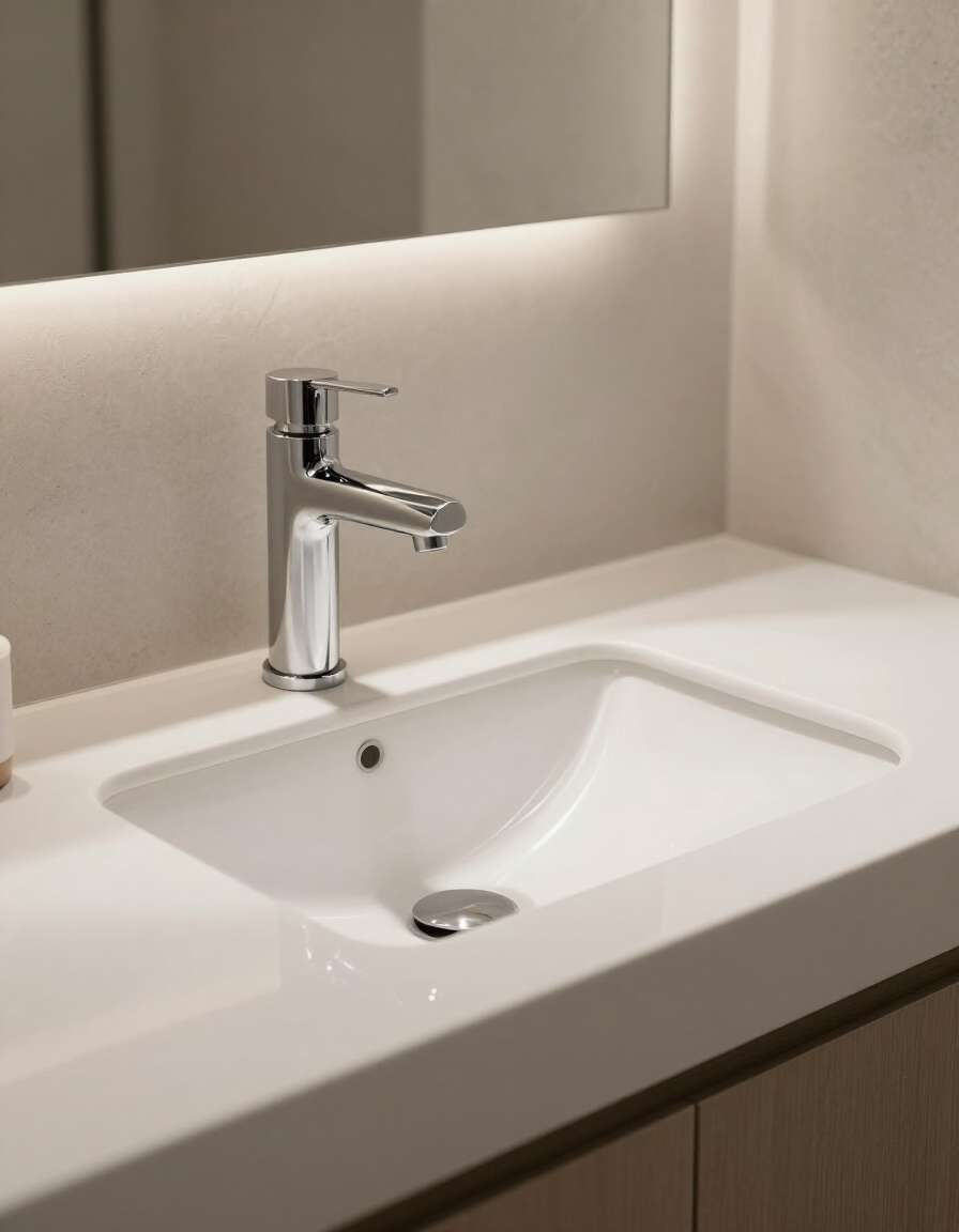 Bagno moderno con rubinetteria a parete e lavabo da appoggio