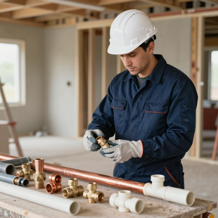 Professionista idraulico che valuta materiali in cantiere