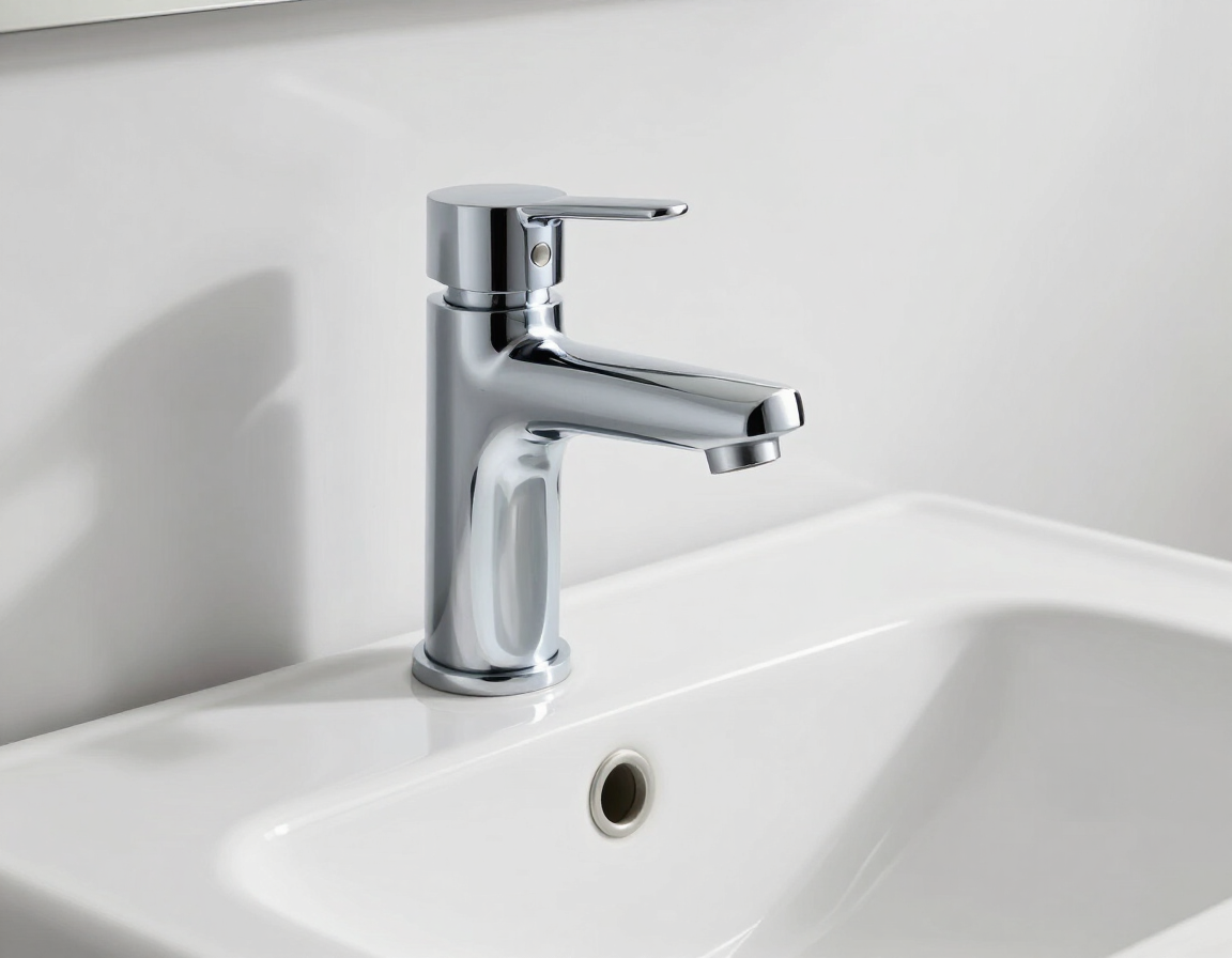 Miscelatore monocomando cromato su lavabo bianco
