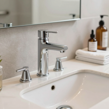 Rubinetteria moderna su lavabo in bagno arredato