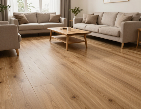 Soggiorno con pavimento effetto legno in gres porcellanato