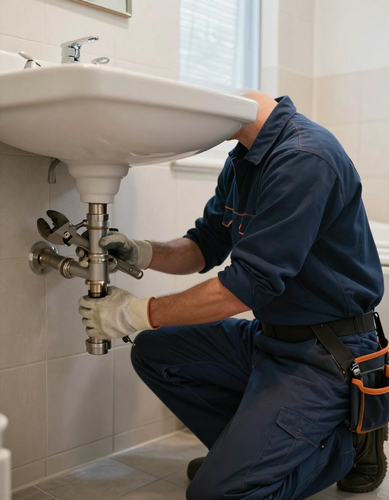 Installatore al lavoro su tubazioni in ambiente residenziale