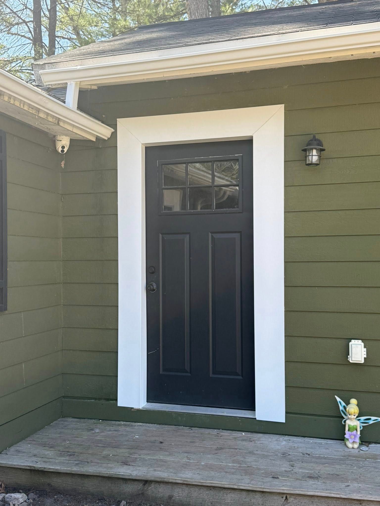 Front door with black panel and white trim on a green house exterior, beside a porch light and steps.