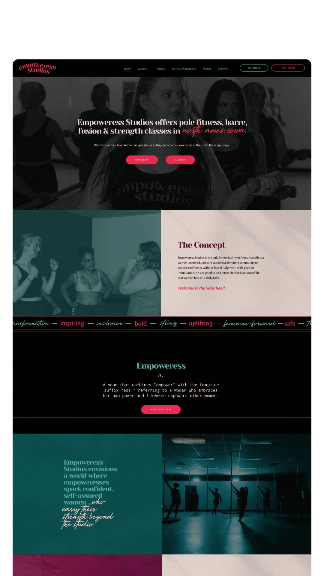 Website layout showcasing fitness classes with photos and call-to-action buttons in various sections.