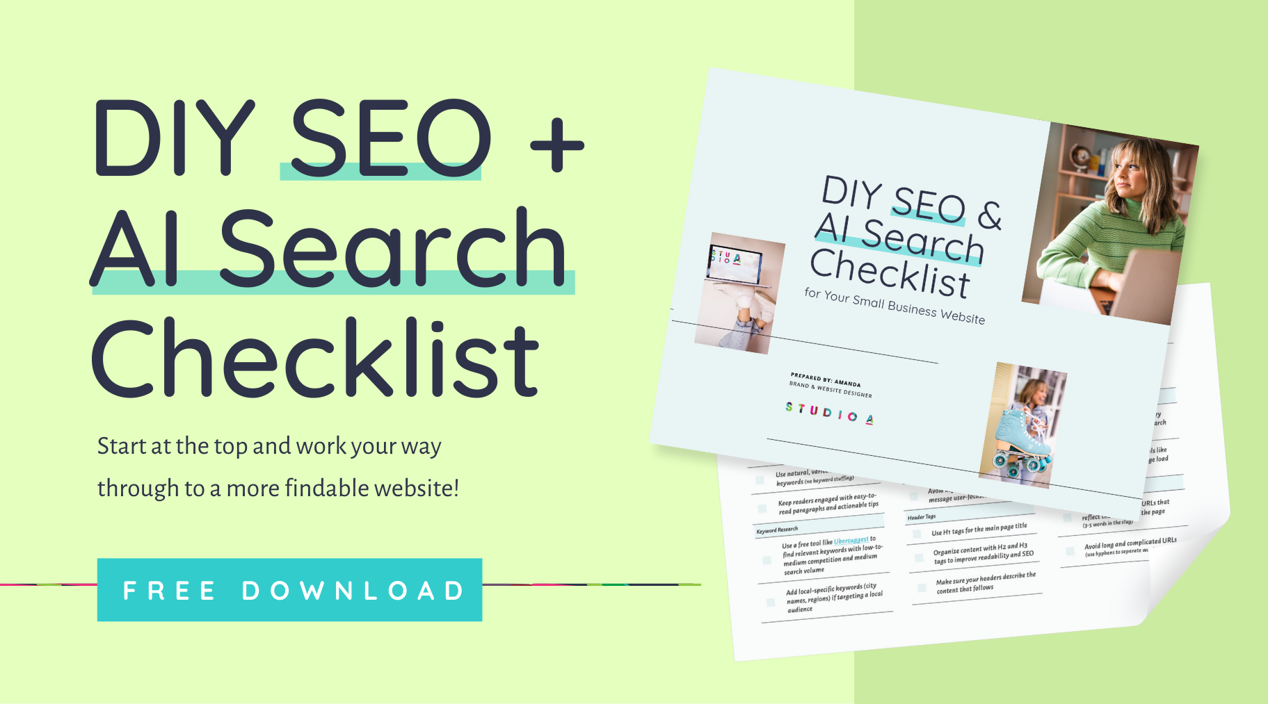 DIY SEO checklist graphic, featuring checklist sheets and a woman with a laptop; green background.