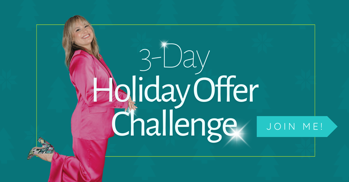 Woman in pink suit, kicking up her leg, promoting a 3-Day Holiday Offer Challenge. Teal background,