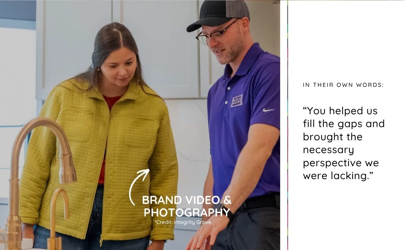 Two people consulting over a kitchen counter with the text: