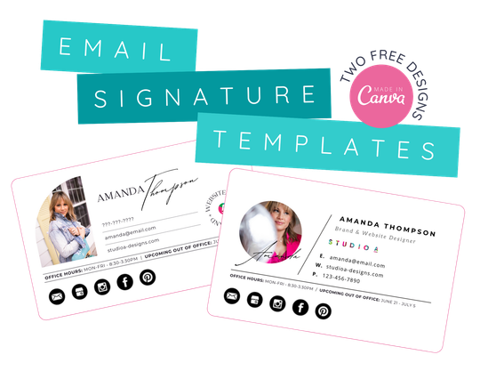 A set of email signature templates with a picture of a woman on them