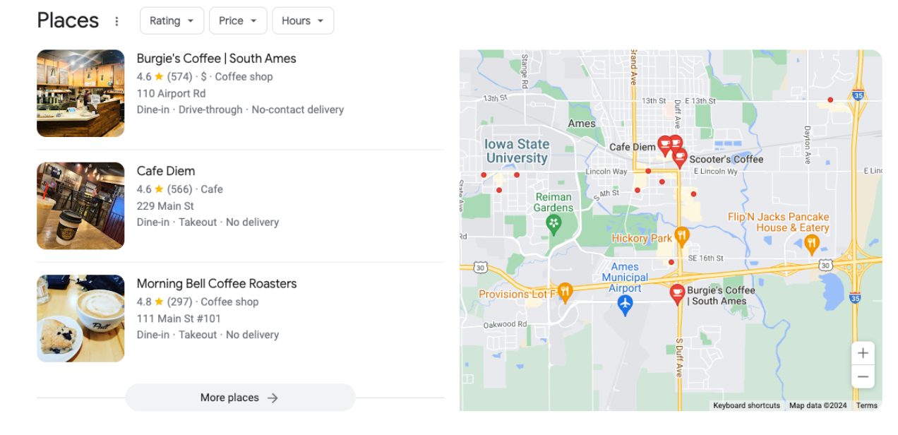 A screenshot of a website with a map next to it.