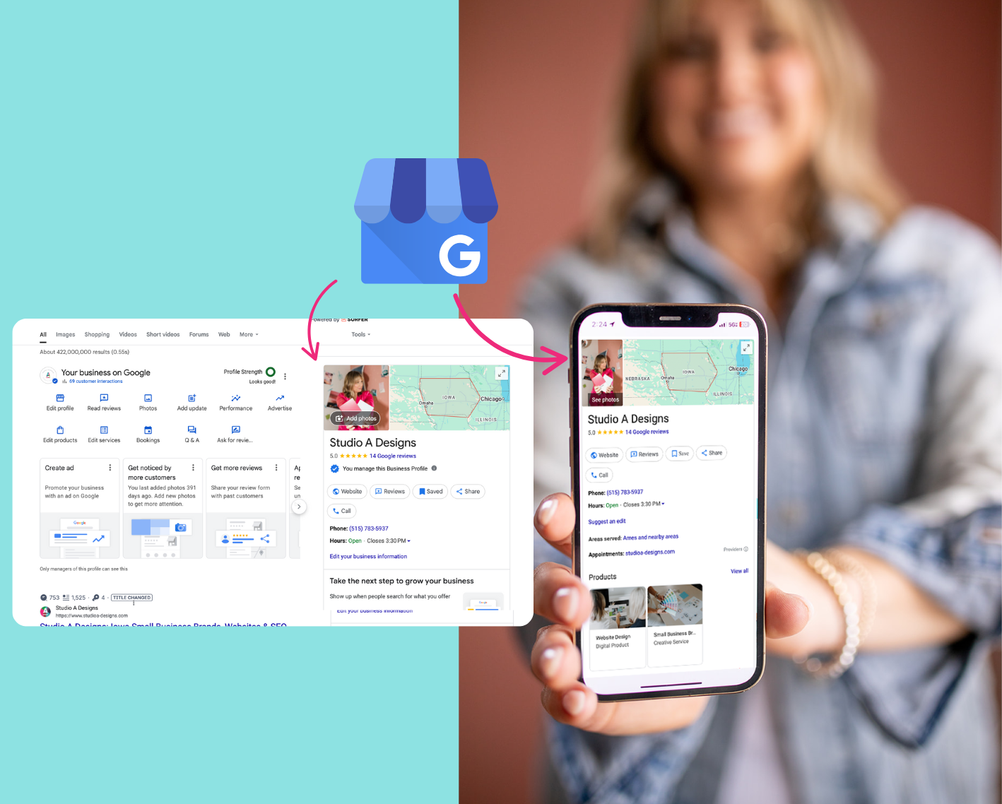 Woman holding phone showing a Google Business Profile; profile also shown on a computer screen, linked with arrows.