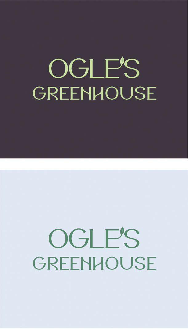 Logo for Ogle's Greenhouse. Text in light green, reads