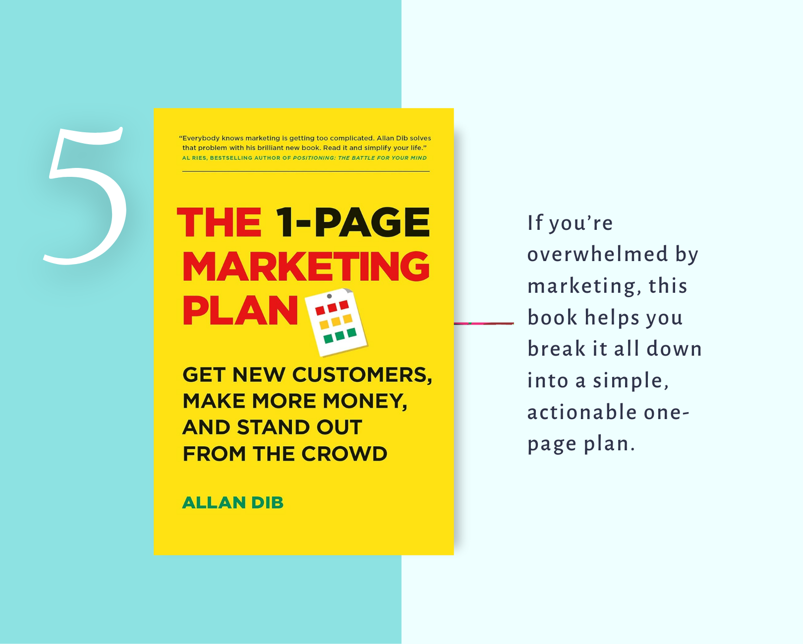 A book is open to a page that says the 1 page marketing plan