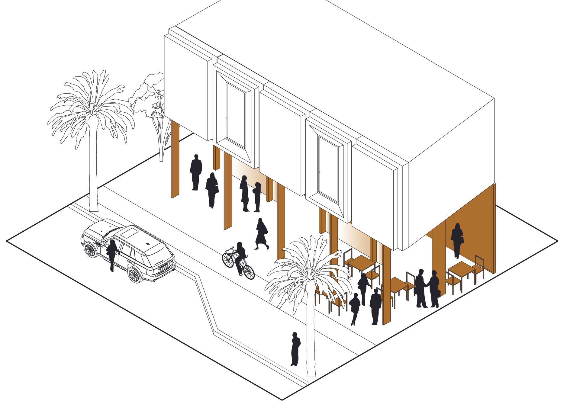 Isometric drawing of a modern building entrance with people gathered outside, trees, and a parked car