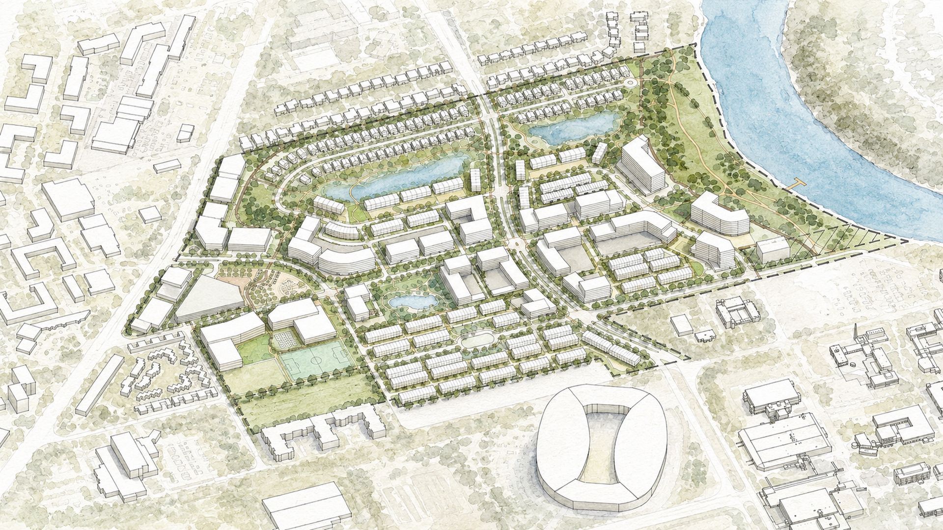 Architectural site plan of a riverside development with buildings, green spaces, and roads