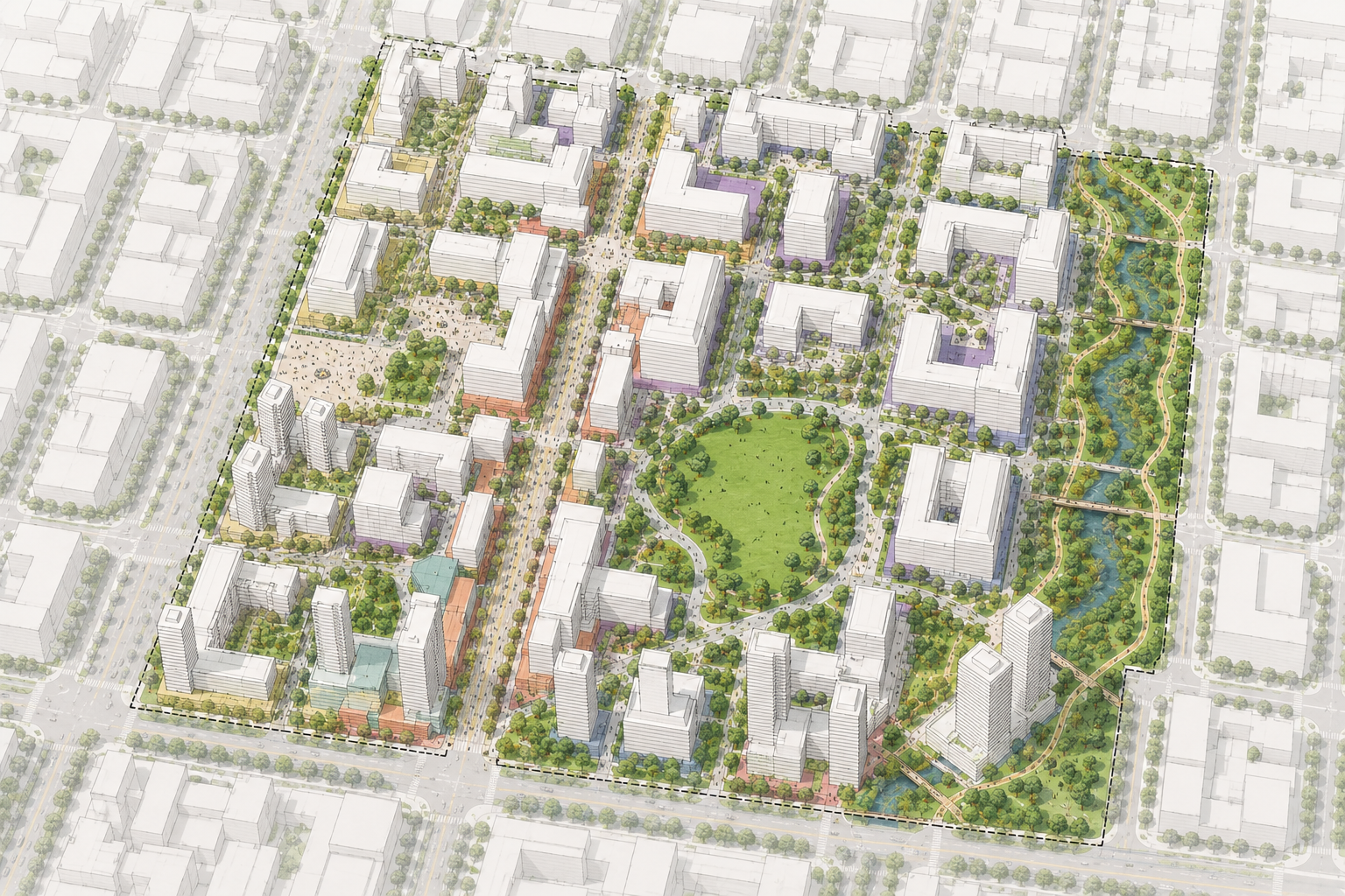 Aerial rendering of a green urban neighborhood with apartment blocks, tree-lined streets, and a central park