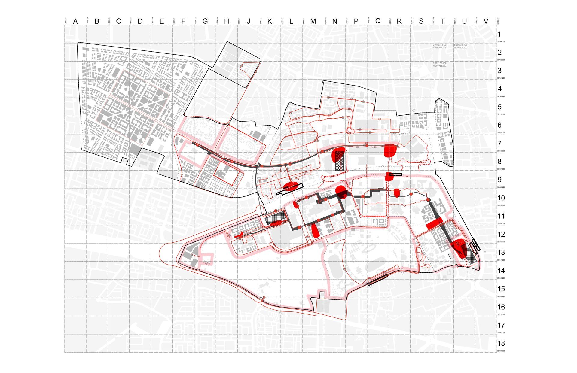 Red overlay markings on a grayscale map or site plan with grid lines and multiple highlighted areas