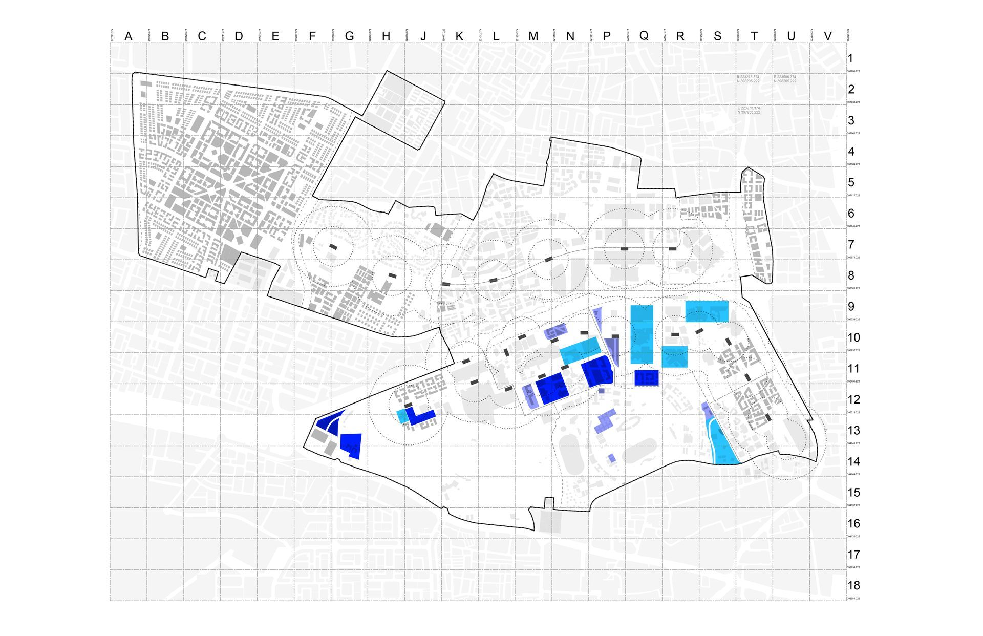 Gridded site map with scattered blue highlighted blocks over a light gray floor plan.