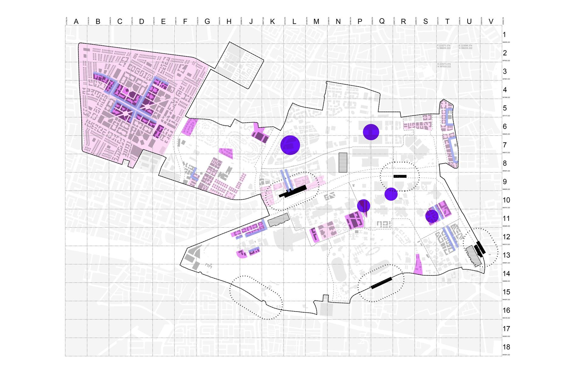 Annotated map with grid lines and purple-highlighted areas, dots, and arrows marking locations.