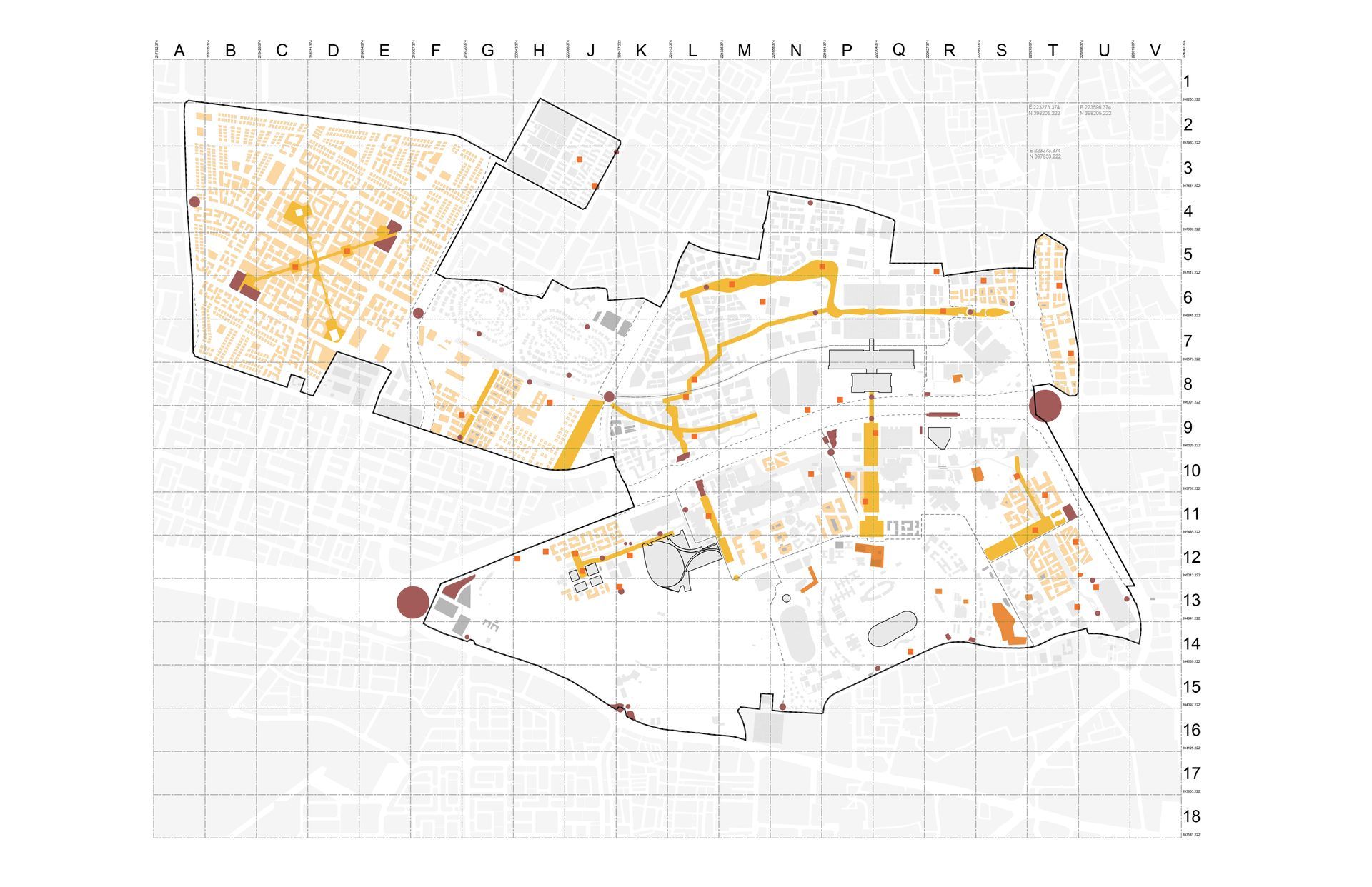 Abstract map with grid lines, orange and brown routes, and marked points on a white background