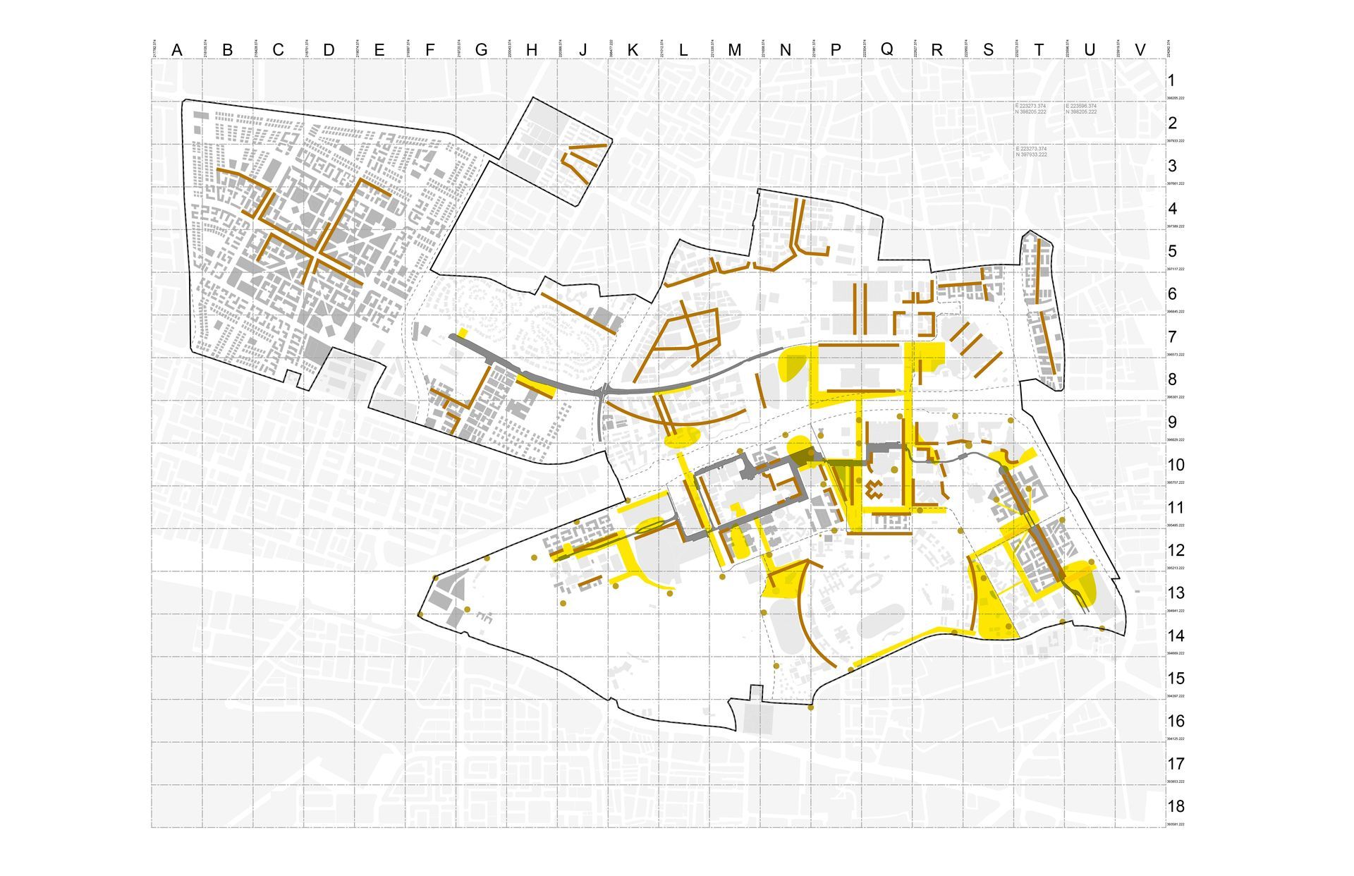 Gray grid map with scattered yellow highlighted routes and black line paths across an urban area