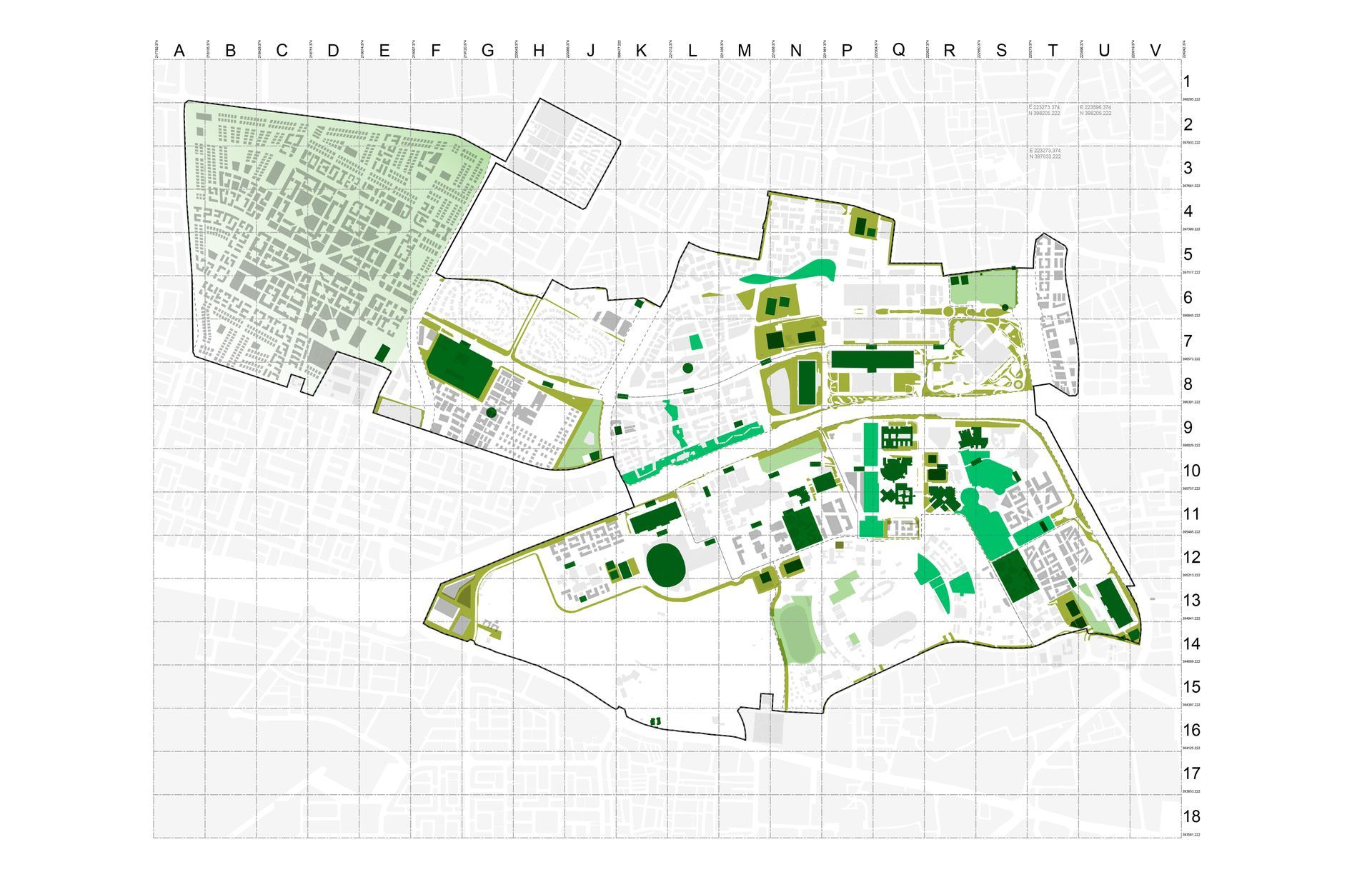 Color-coded site plan map with green highlighted areas and grid coordinates.