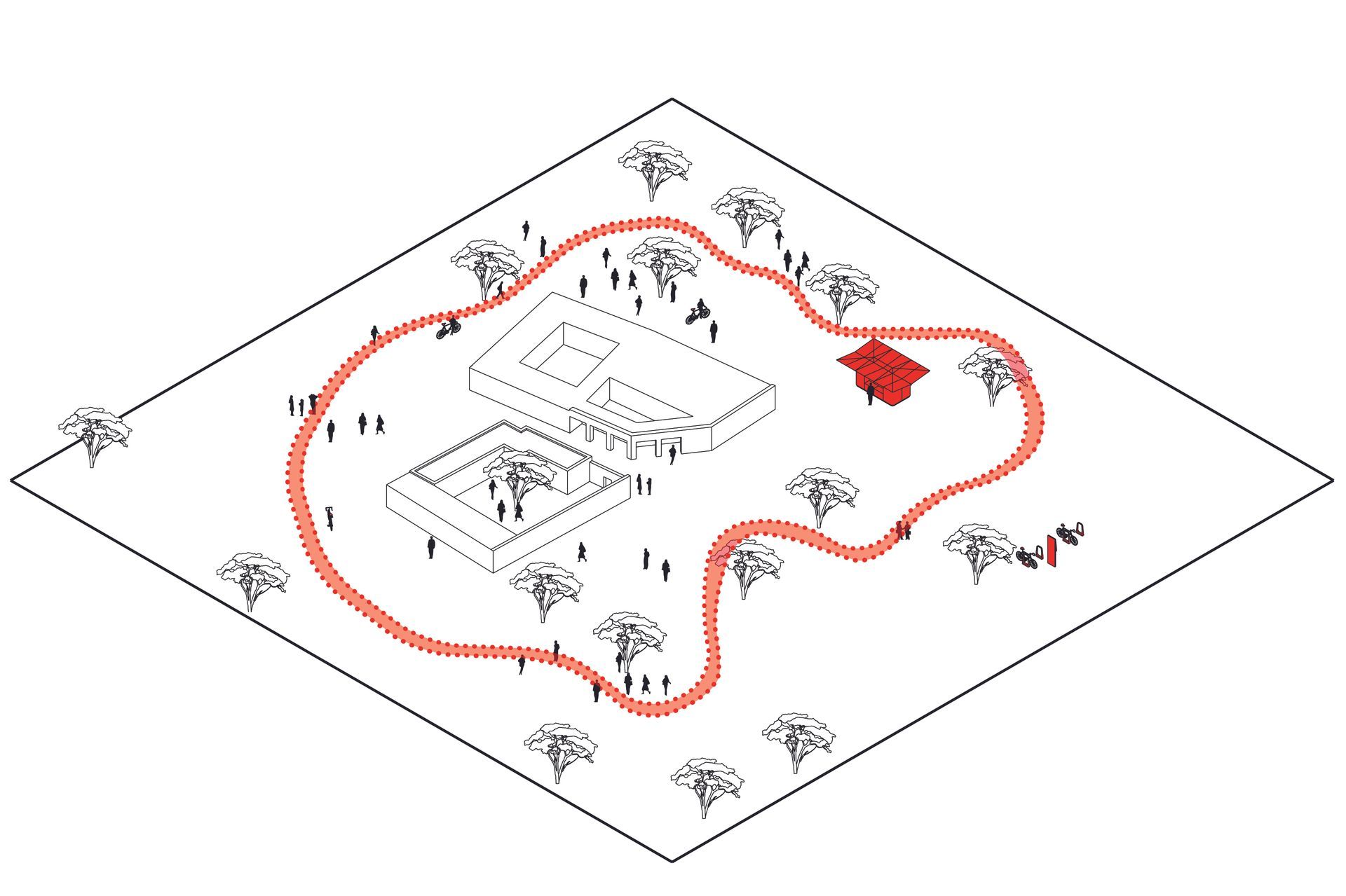 Isometric map of a campsite with tents, trees, and a red dotted trail around the perimeter