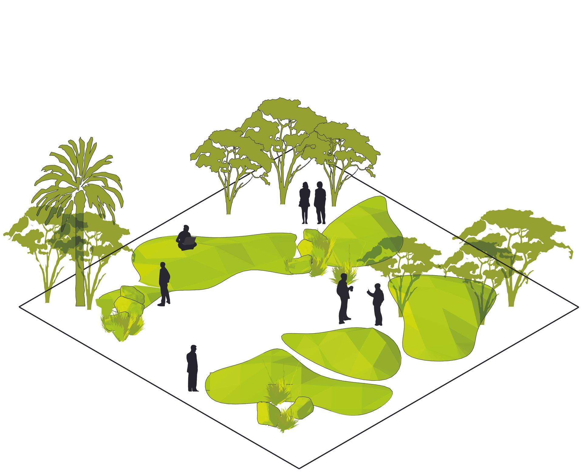 Conceptual park design with green pathways, trees, and small human figures on a white background