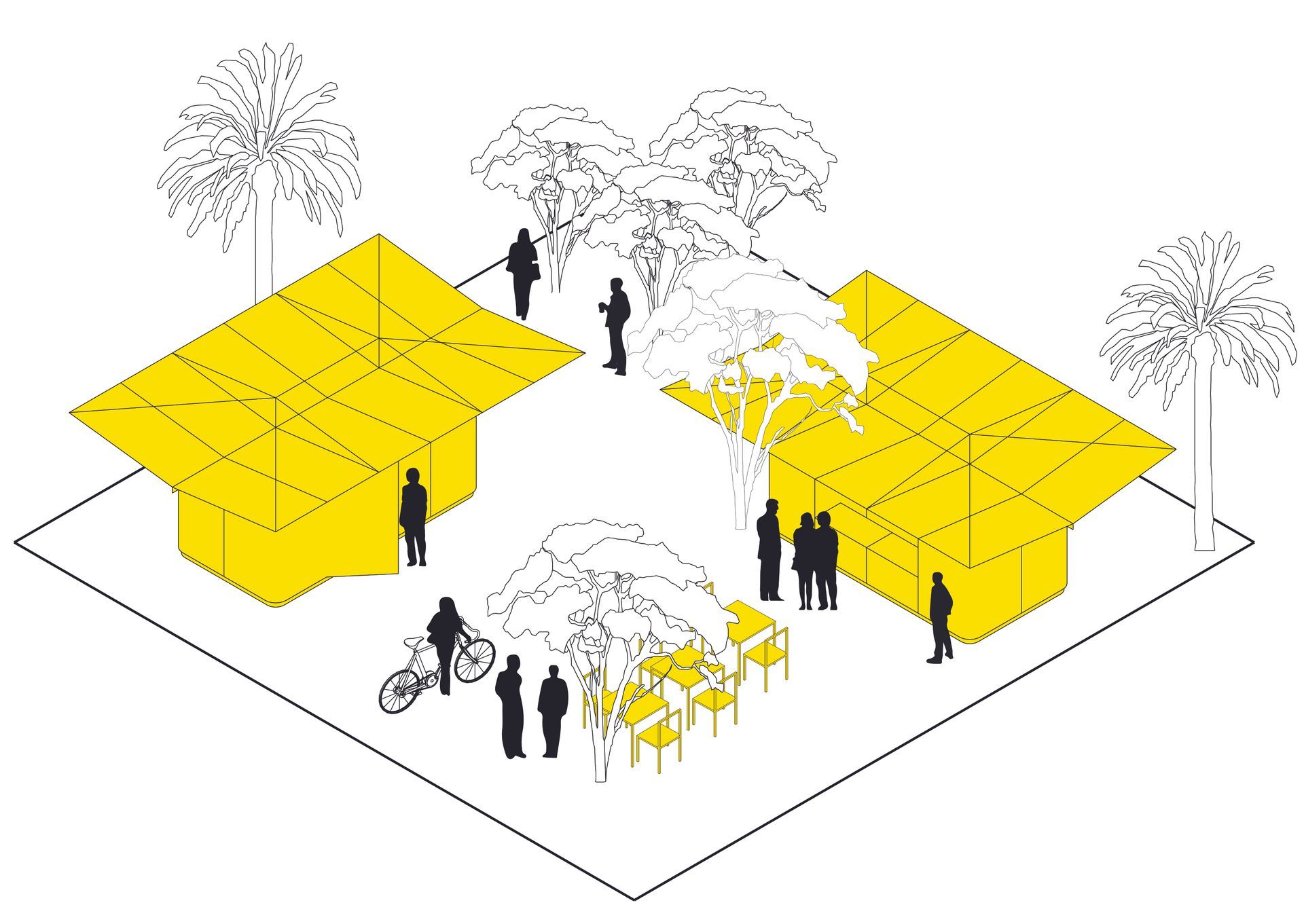 Isometric plaza with yellow canopies, trees, and people walking, standing, and cycling