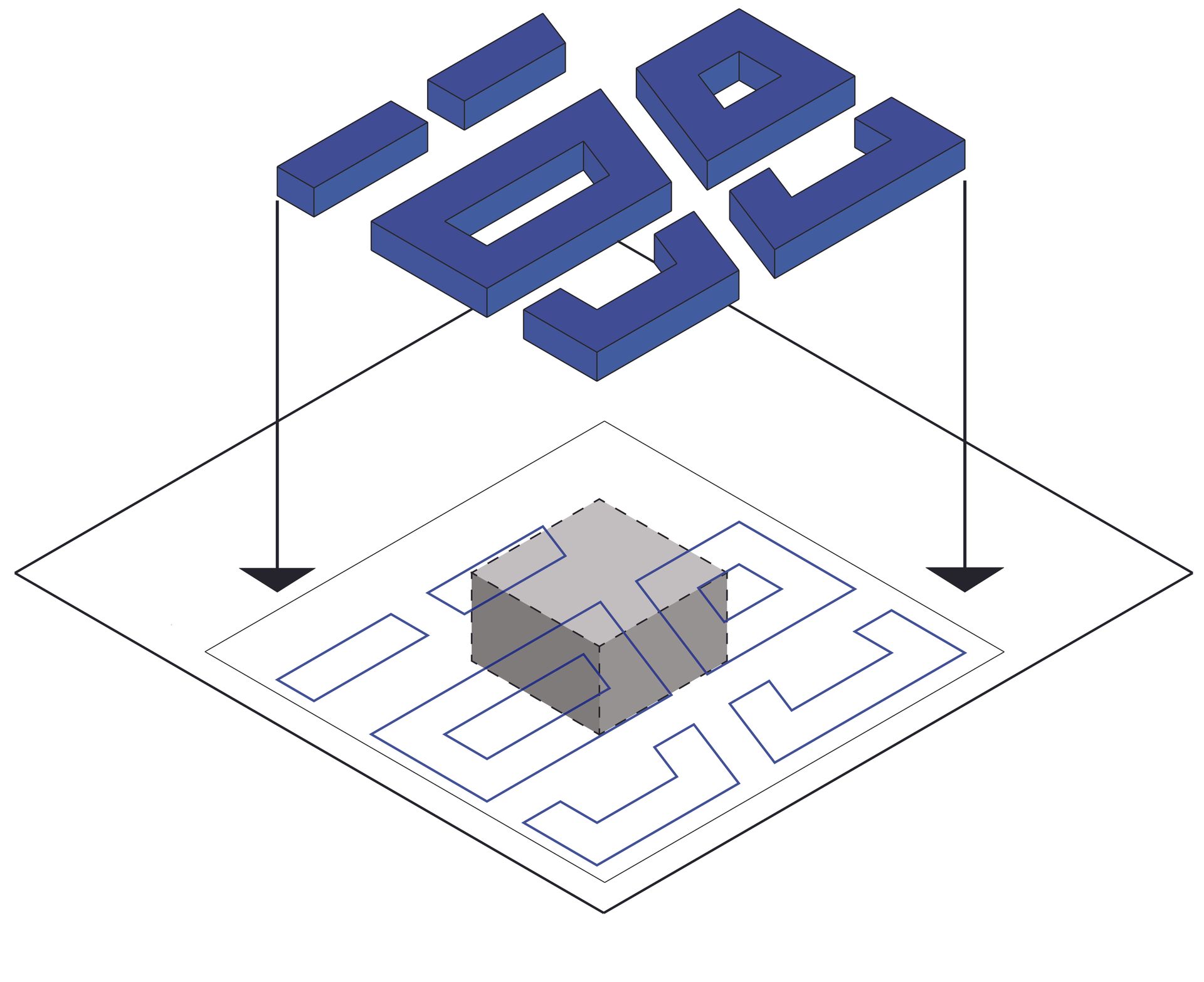 Blue isometric tiles above a gray cube over a maze-like diagram with arrows pointing down