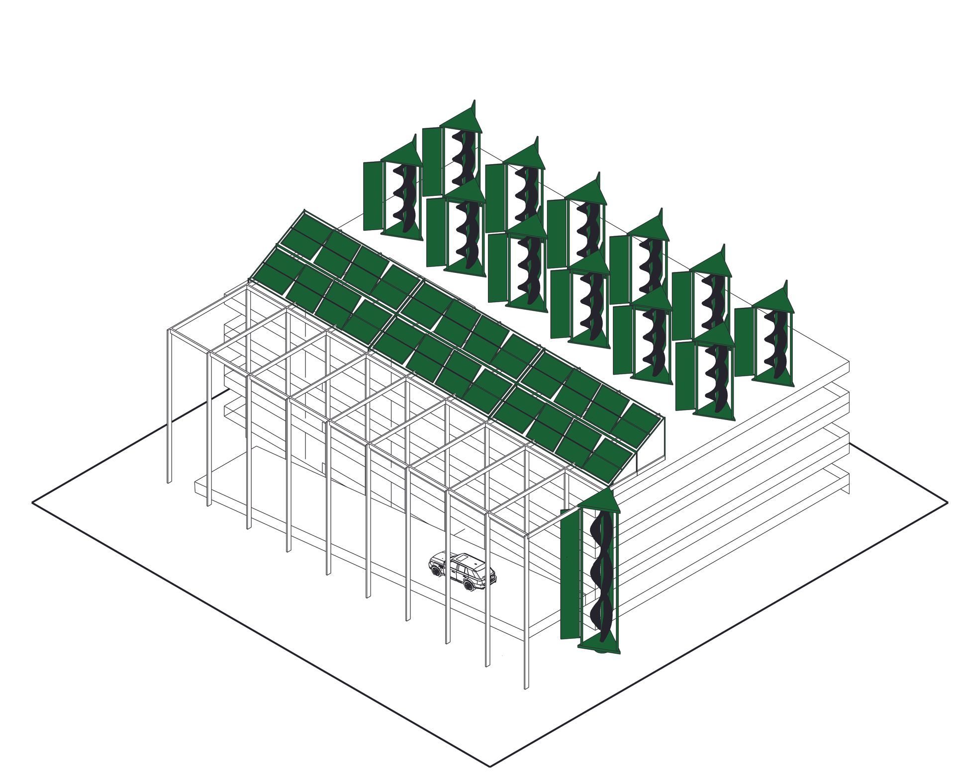 3D architectural diagram of a greenhouse with green roof panels and row of vertical vents on top