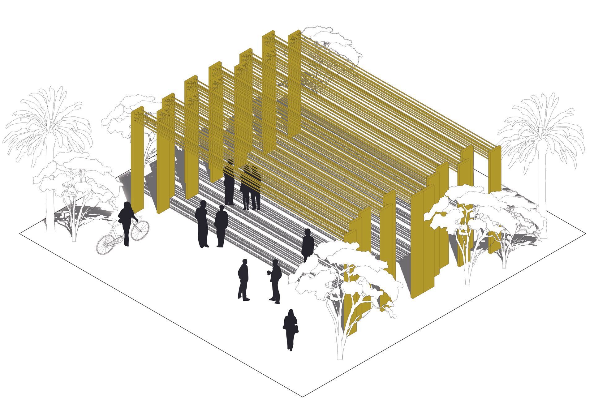 Isometric architectural rendering of a gold pavilion with people gathered beneath it on a white background