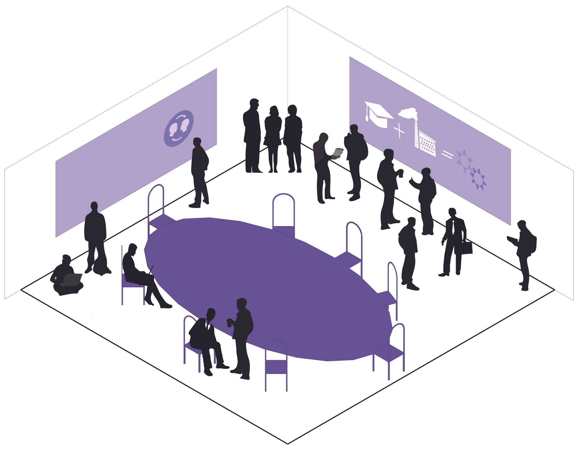 People gathered around a purple conference table in a meeting room with wall charts.