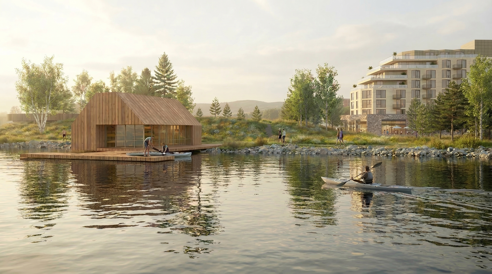 Wooden lakeside cabin with a small boat and reflections, beside modern apartments at sunset