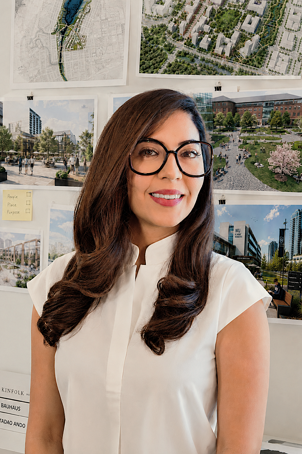 Woman with glasses smiling in front of a wall of architectural plans and urban landscape renderings