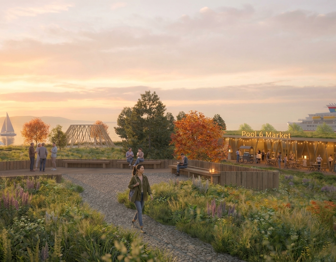 People walking along a garden path at sunset, with autumn trees and a city skyline in the distance