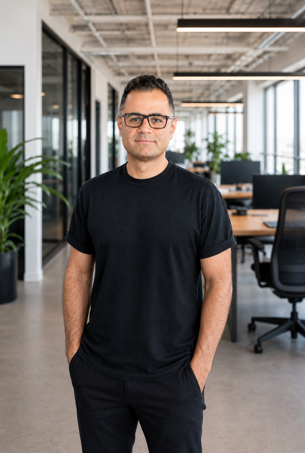 Man standing in a modern office with black T-shirt and glasses, facing the camera.