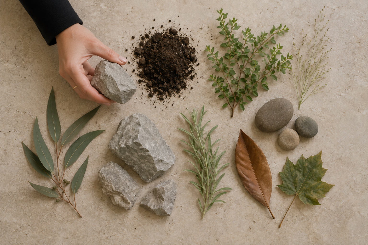 Hand arranging soil, rocks, and leaves on a beige surface in a nature craft layout