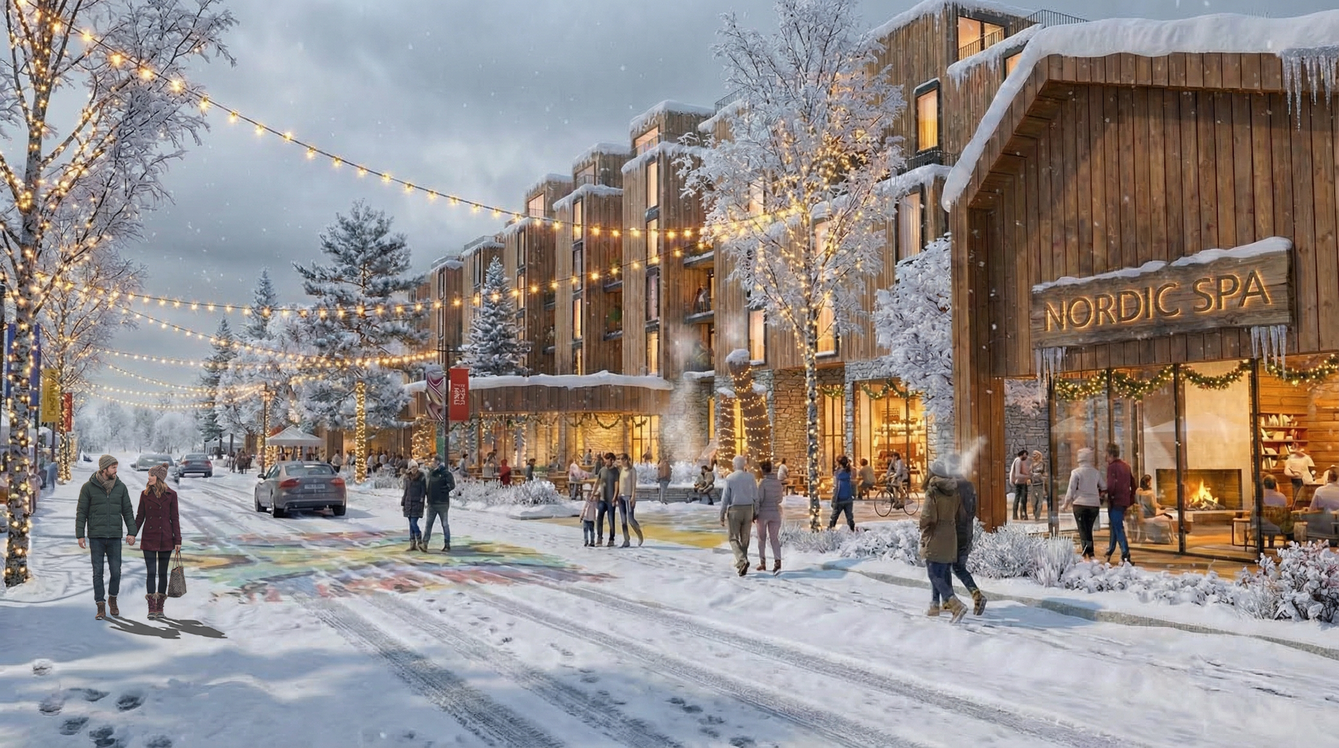 Snowy winter street with people walking past warmly lit shops and apartment buildings at dusk