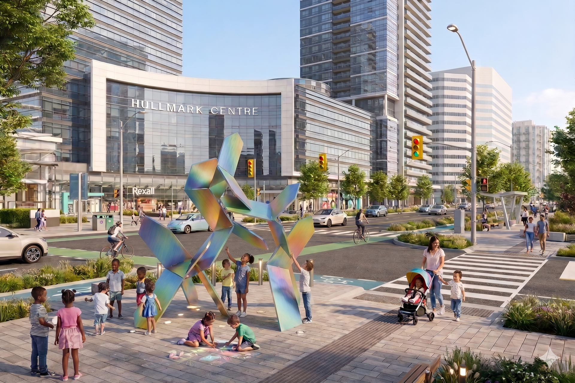 Urban plaza with colorful abstract sculpture, people walking and sitting, surrounded by modern city buildings.