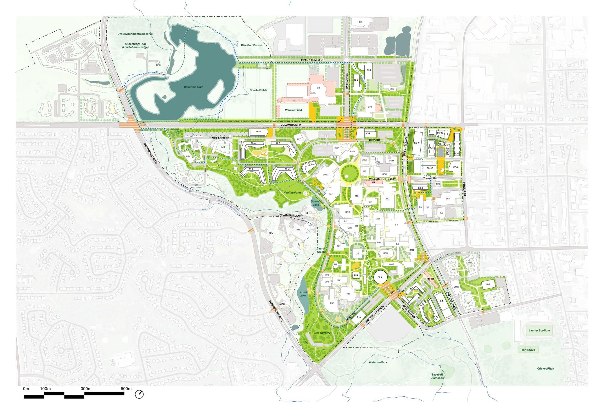 Aerial urban plan map with green parks, roads, blocks, and water features.