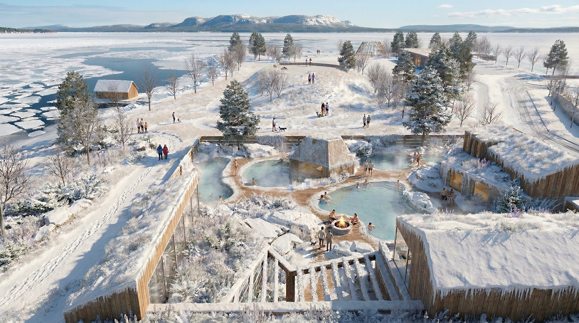 Snowy winter park with a frozen pond, trees, walking paths, and people near a lakeside overlook